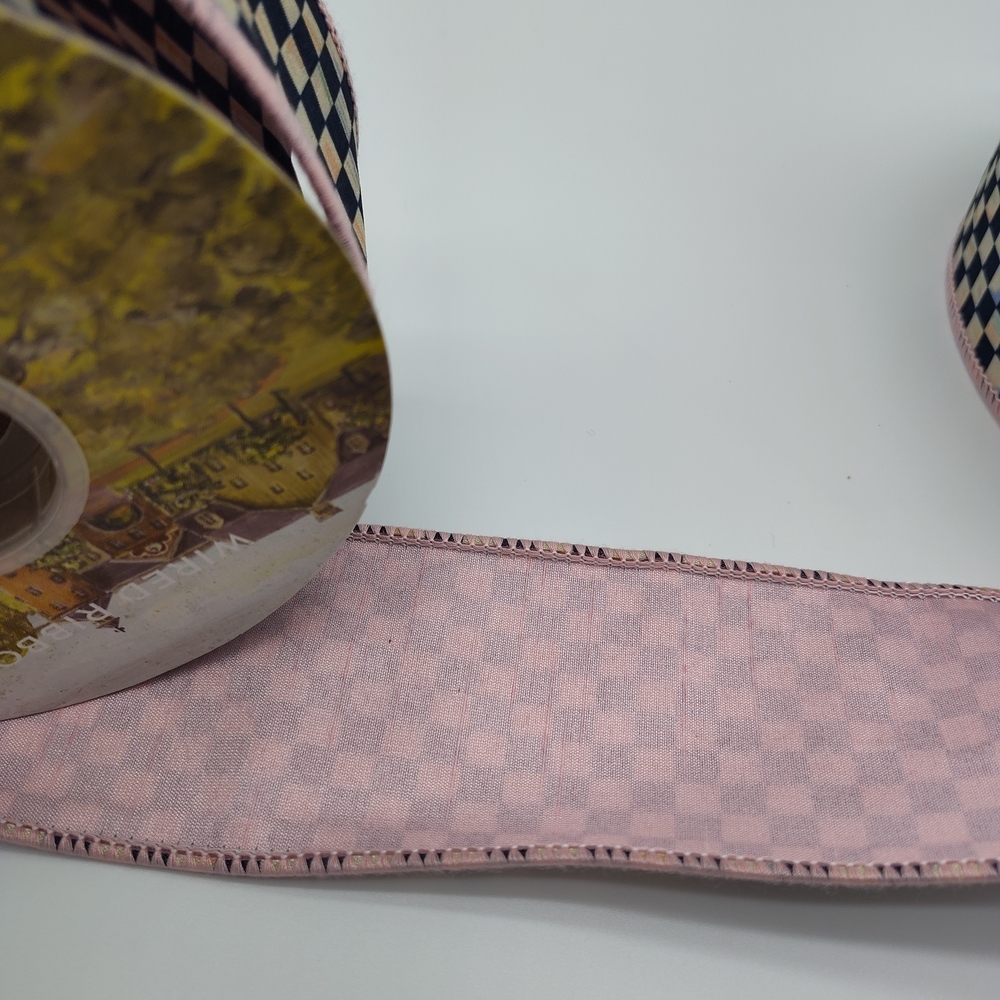 MACKENZIE-CHILDS Courtly Check 2.5" Wired Ribbon Two (2) Yards Pink Edge - Picture 3 of 4